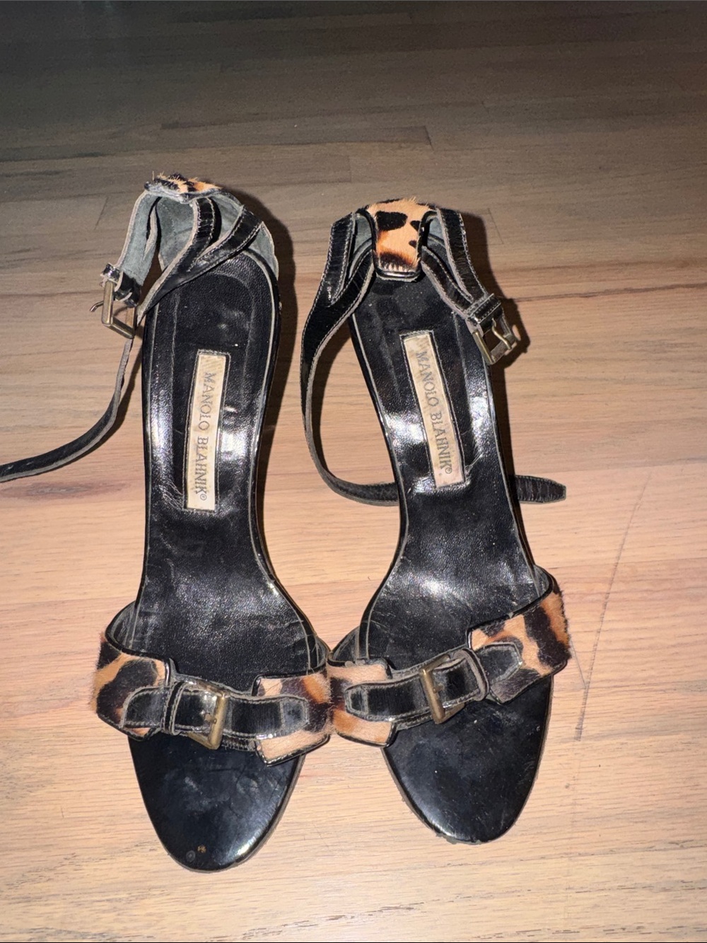 Manolo Blahnik Black Leather Heeled Sandals with Leopard Print Detail